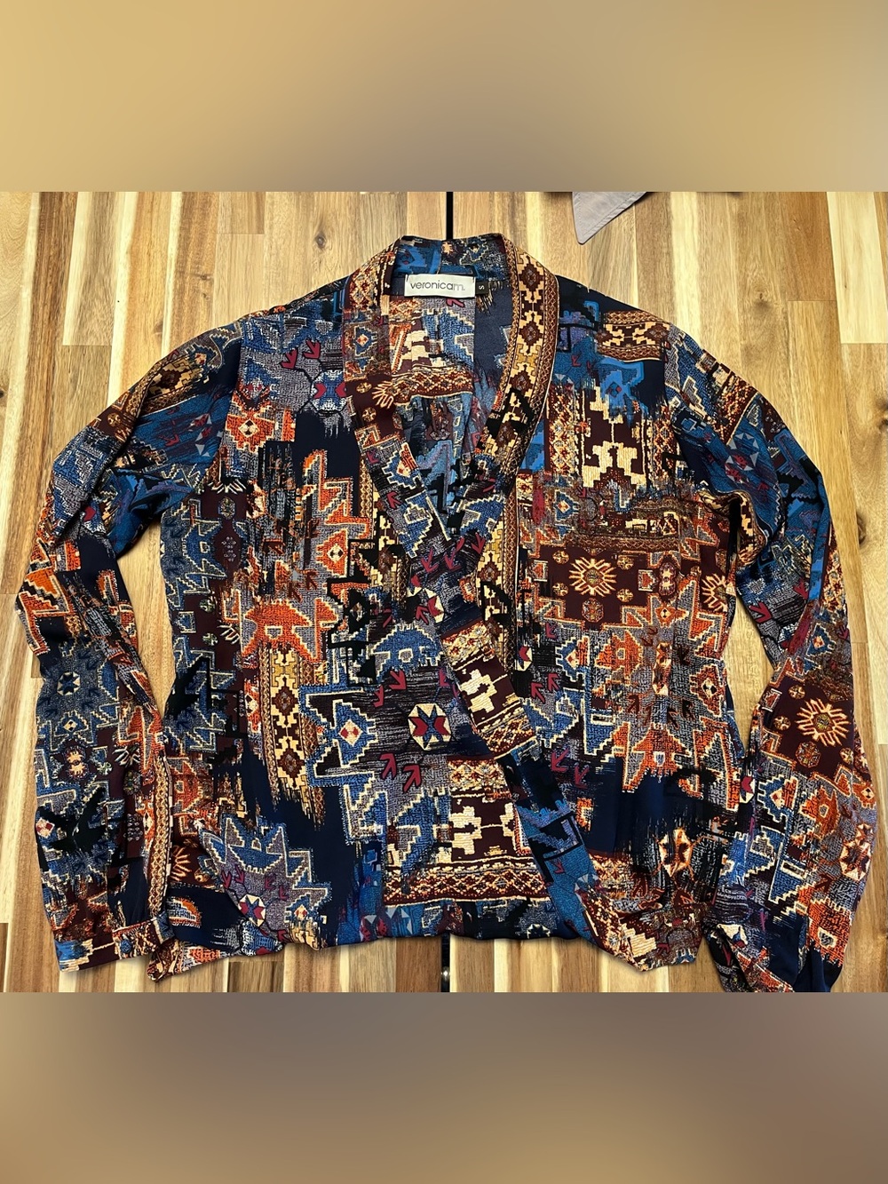 Veronica M. Geometric Aztec Blouse in Navy, Rust & Gold